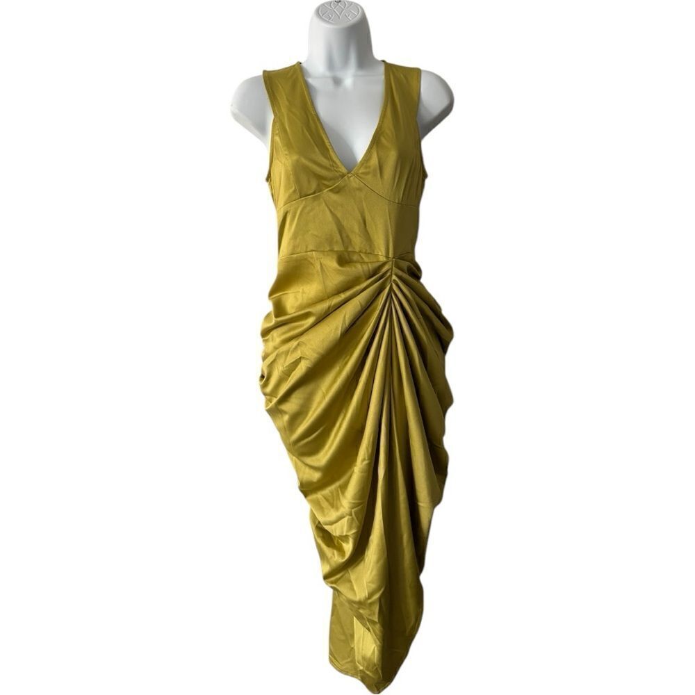 PRETTYLITTLETHING Chartreuse Satin Draped Midi Dress